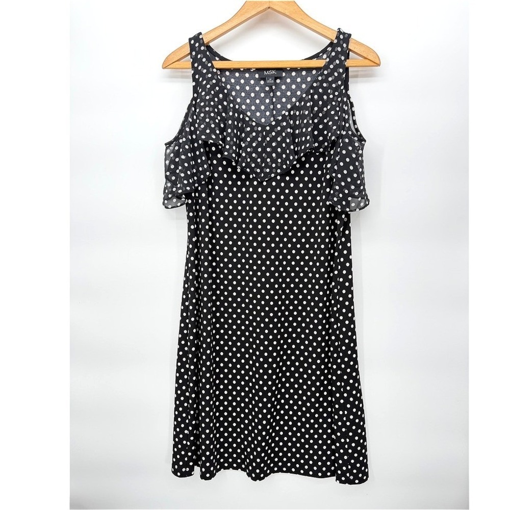 MSK Polka Dot Dress Cold Shoulder Ruffle Party Casual Chic Coastal Size Medium